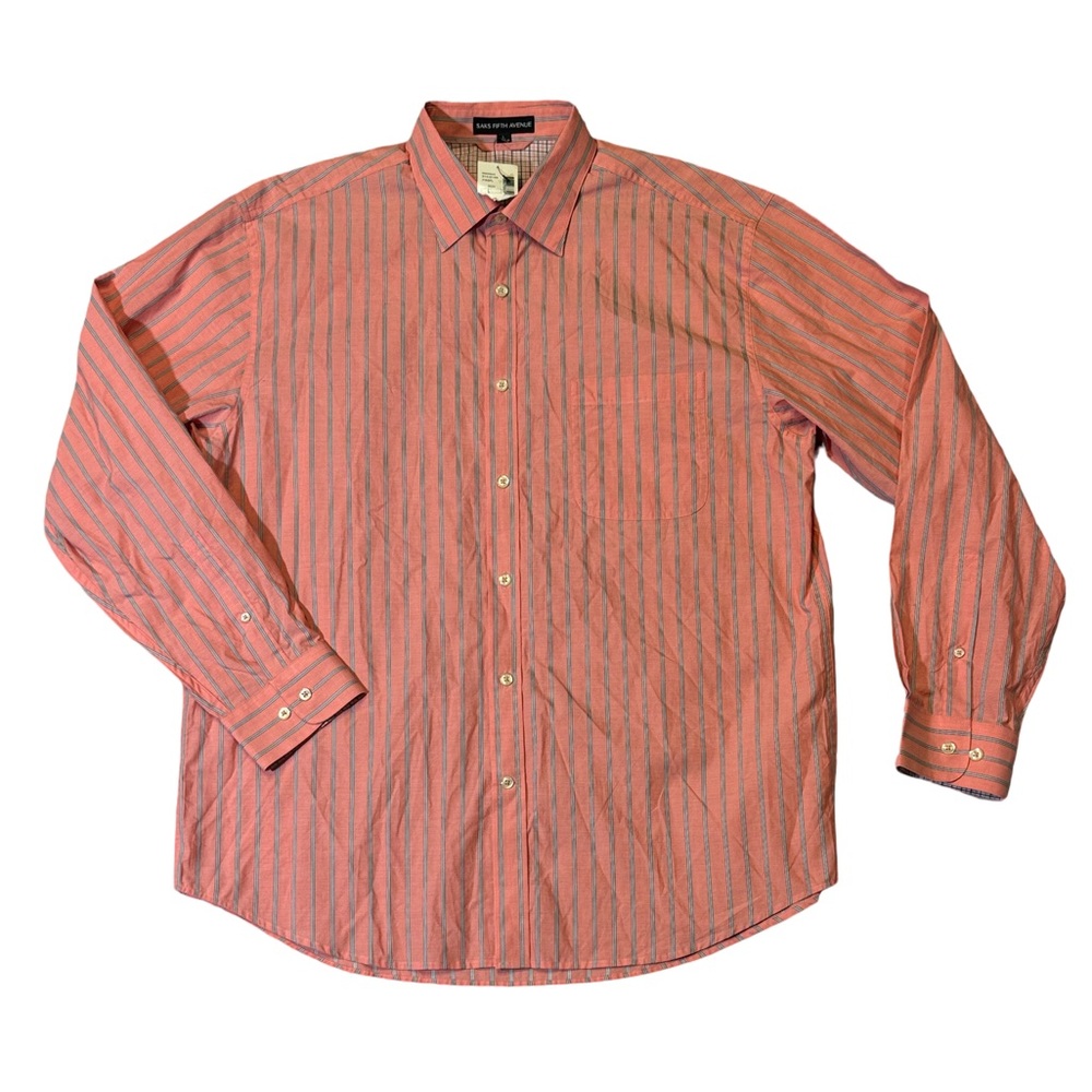 NEW Saks Fifth Avenue men L Large pink stripe regular fit button up casual shirt